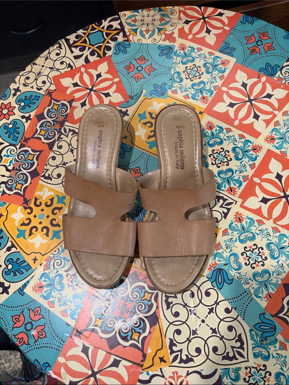 Sophia Milano Tan Leather Slide Mules - Women's